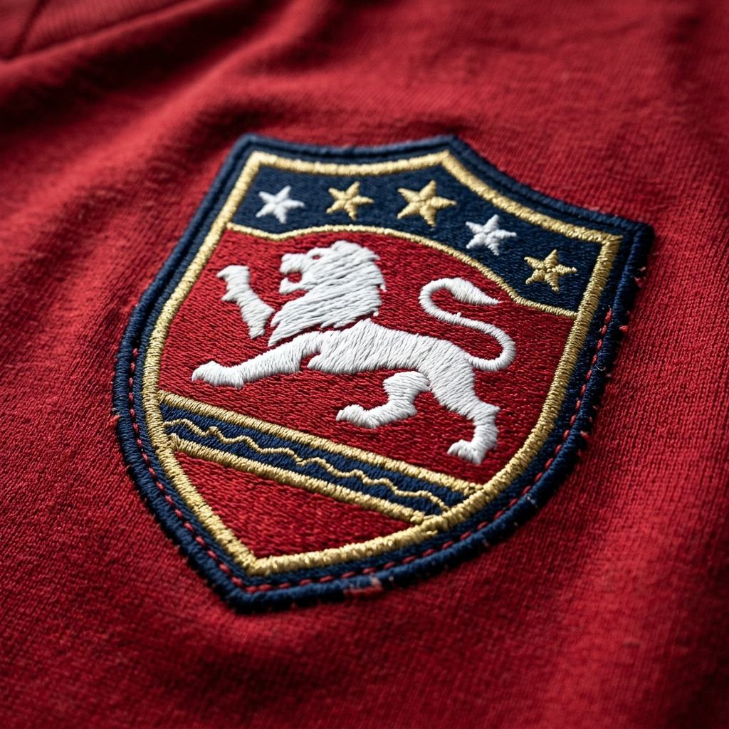 Embroidered sports club crest on a red shirt