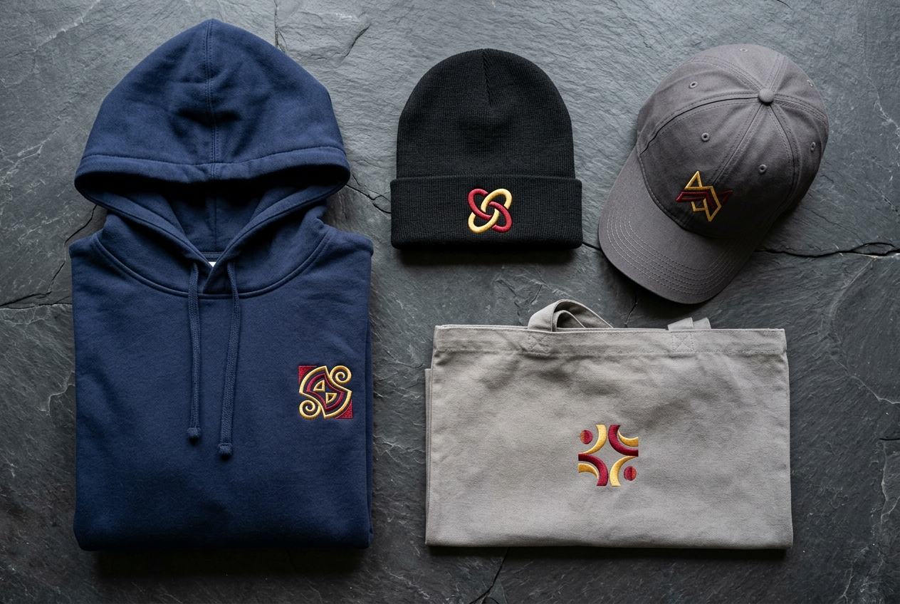 Embroidered hoodie, beanie, cap and tote bag