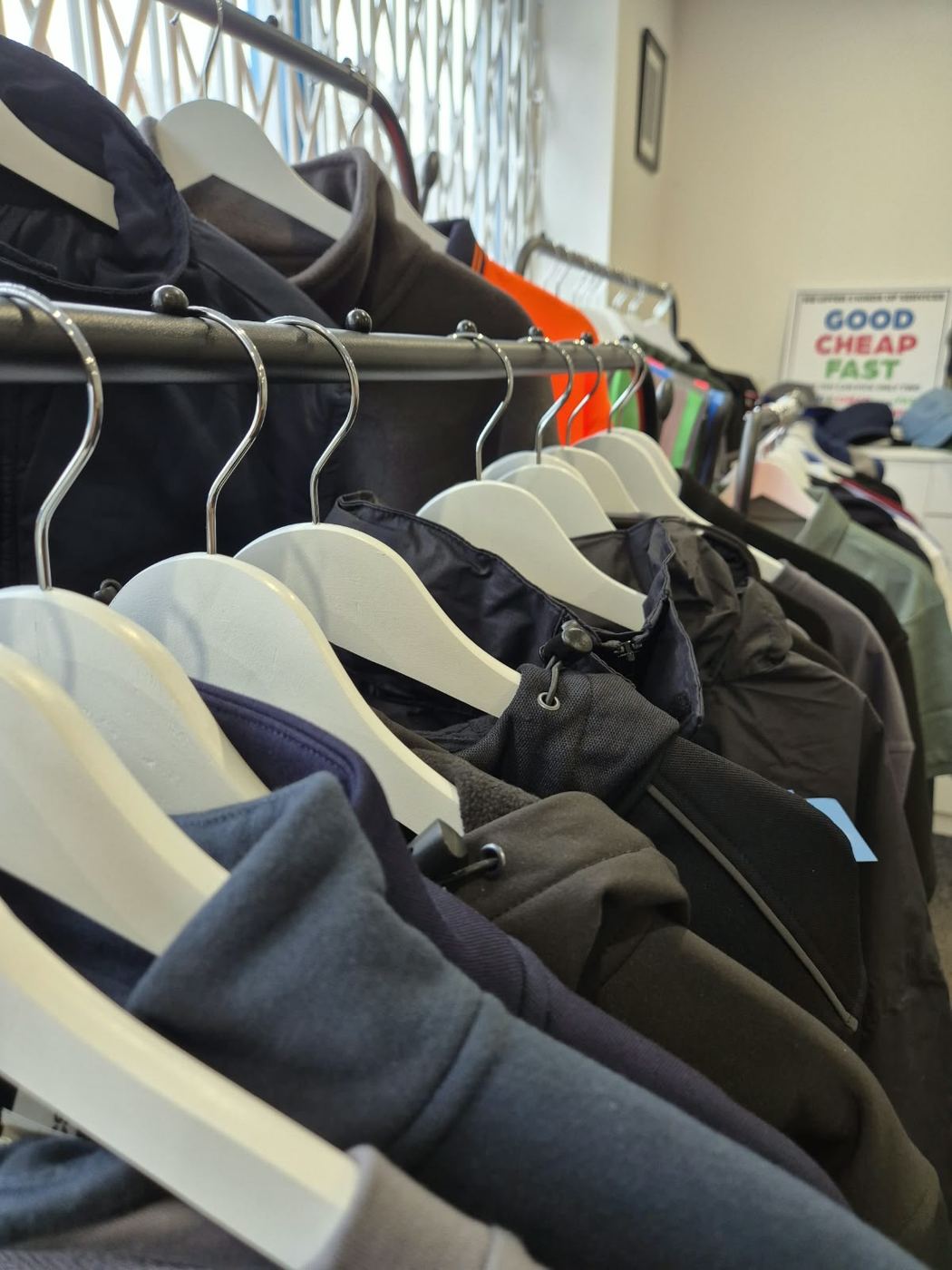 Jackets and workwear samples on display in our showroom