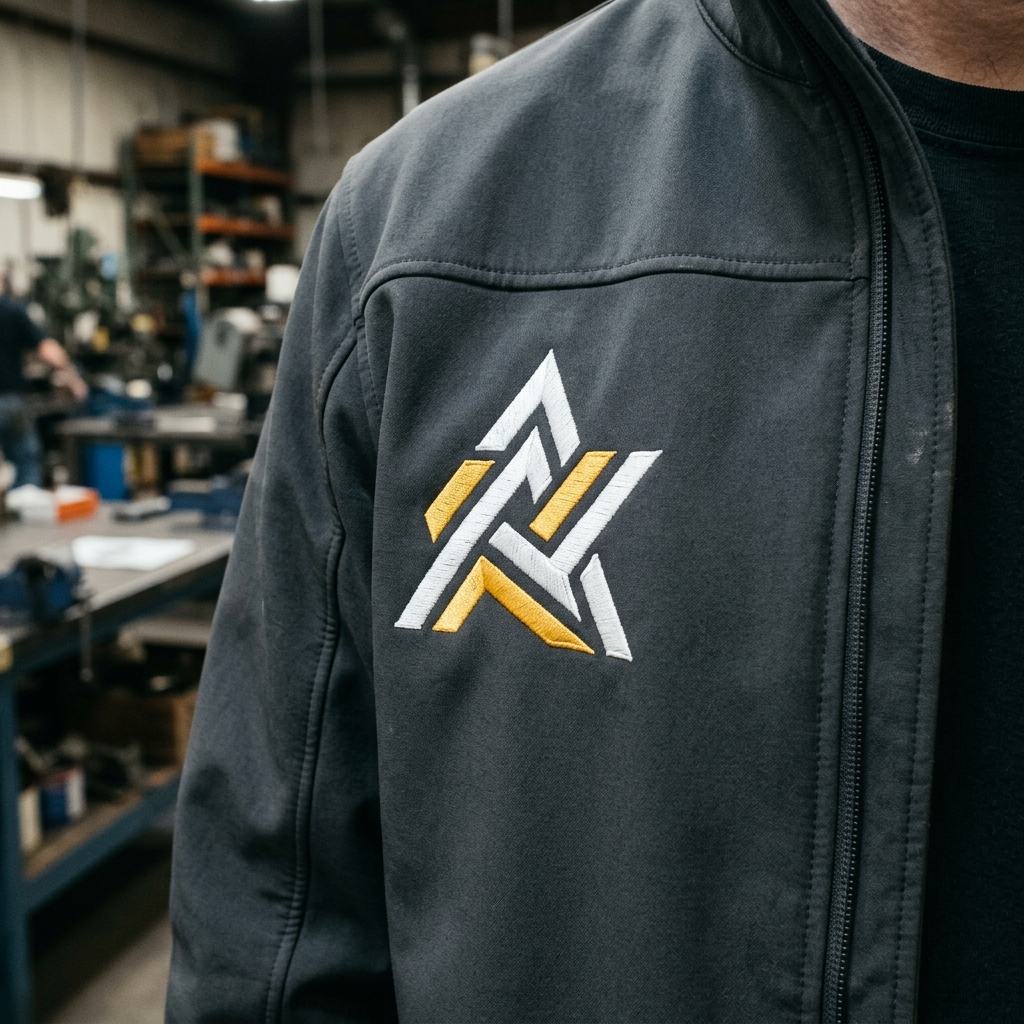 Embroidered logo on a grey work jacket